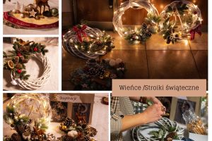 Stroiki świąteczne oraz wieńce wykonane przez uczestników wydarzenia