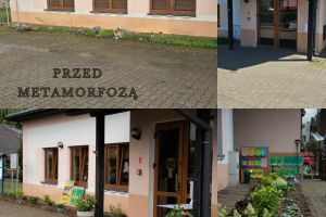 Kolaż ze zdjęć ukazujący metamorfozę terenu przed świetlicą